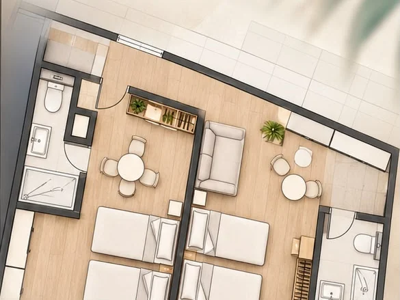 Plano de distribución de los Sahera Estudios, con cocina, zona de estar y baño en cada estudio