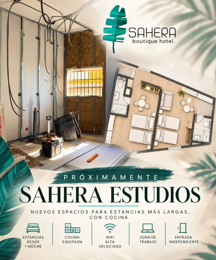 Cartel de Sahera Estudios, próximamente: obra en curso y plano de los estudios. Nuevos espacios para estancias más largas, con cocina. Estancias desde 1 noche, cocina equipada, wifi de alta velocidad, zona de trabajo y entrada independiente.