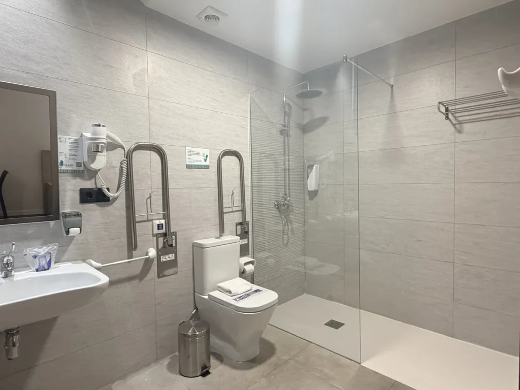 Baño adaptado de la habitación 101 con barras de apoyo junto al inodoro y ducha sin plato