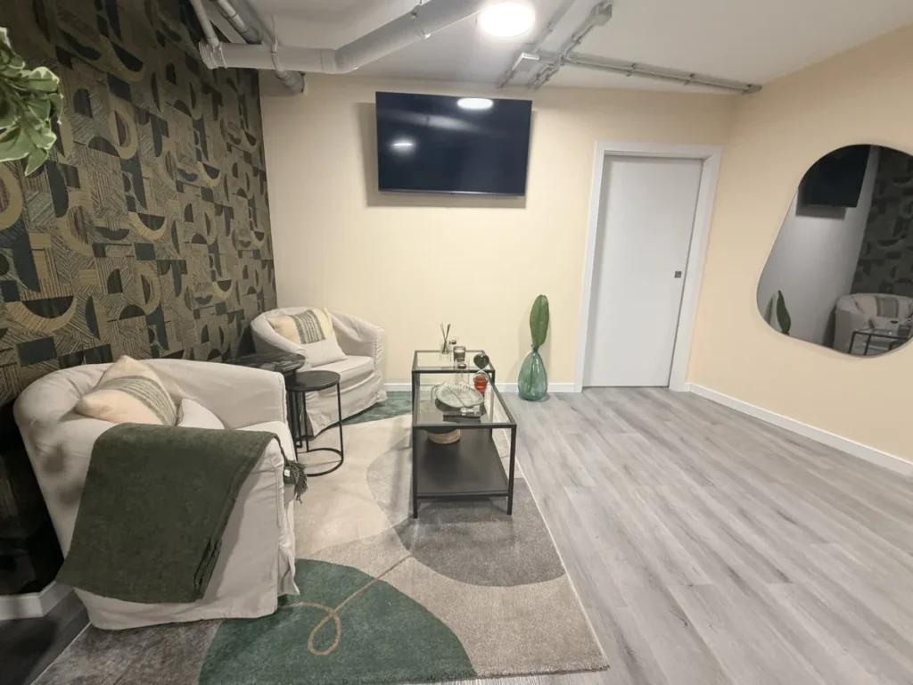 Rincón del salón con dos sillones, mesa baja, alfombra y televisión